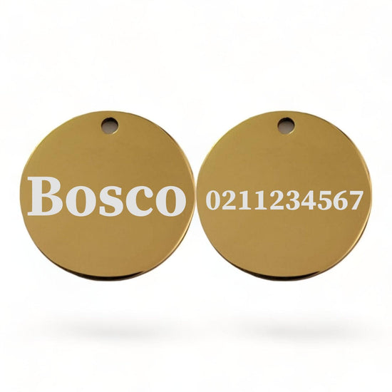 ⭐️Purr. Meow. Woof.⭐️ - Name Front & Number Back Round | Mirror Stainless | Dog ID Pet Tag - Gold