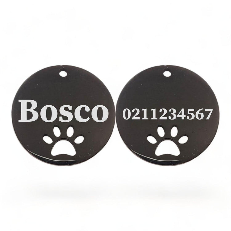 ⭐️Purr. Meow. Woof.⭐️ - Name Front & Number Back Round Paw Print | Mirror Stainless | Cat & Dog ID Pet Tag - Black / Large (Dog)