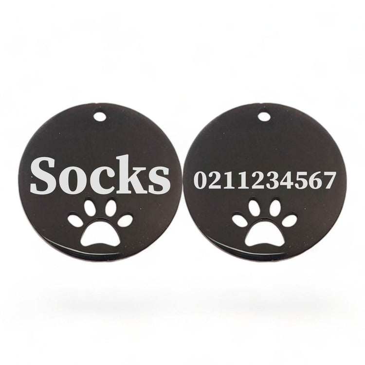 ⭐️Purr. Meow. Woof.⭐️ - Name Front & Number Back Round Paw Print | Mirror Stainless | Cat & Dog ID Pet Tag - Black / Small (Cat)