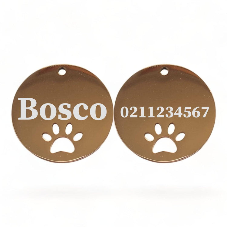 ⭐️Purr. Meow. Woof.⭐️ - Name Front & Number Back Round Paw Print | Mirror Stainless | Cat & Dog ID Pet Tag - BurlyWood / Large (Dog)