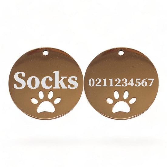 ⭐️Purr. Meow. Woof.⭐️ - Name Front & Number Back Round Paw Print | Mirror Stainless | Cat & Dog ID Pet Tag - BurlyWood / Small (Cat)