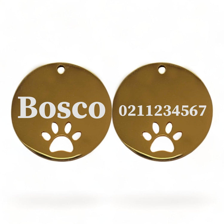 ⭐️Purr. Meow. Woof.⭐️ - Name Front & Number Back Round Paw Print | Mirror Stainless | Cat & Dog ID Pet Tag - Gold / Large (Dog)