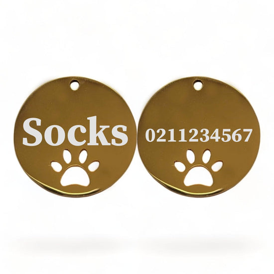 ⭐️Purr. Meow. Woof.⭐️ - Name Front & Number Back Round Paw Print | Mirror Stainless | Cat & Dog ID Pet Tag - Gold / Small (Cat)