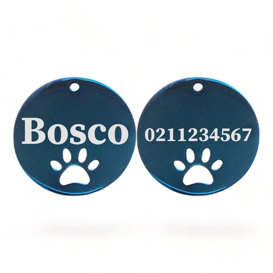 ⭐️Purr. Meow. Woof.⭐️ - Name Front & Number Back Round Paw Print | Mirror Stainless | Cat & Dog ID Pet Tag - MidnightBlue / Large (Dog)