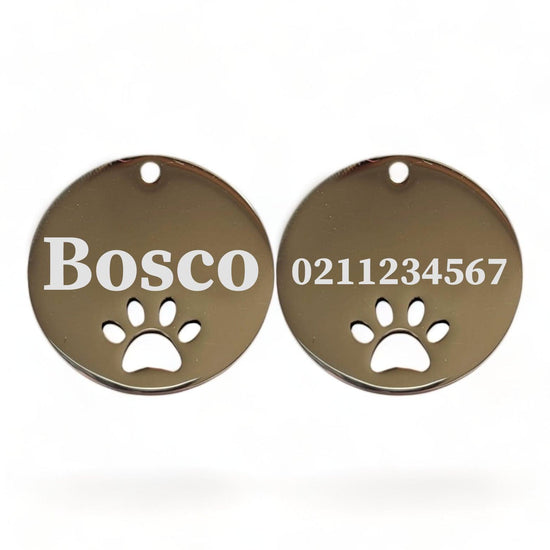 ⭐️Purr. Meow. Woof.⭐️ - Name Front & Number Back Round Paw Print | Mirror Stainless | Cat & Dog ID Pet Tag - Silver / Large (Dog)