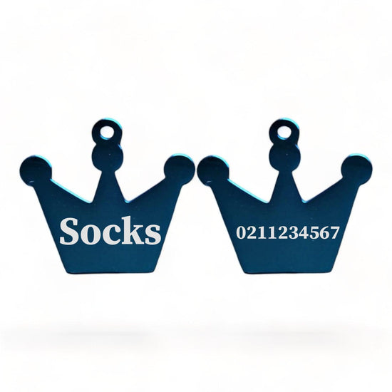 ⭐️Purr. Meow. Woof.⭐️ - Name Front & Number Back Royal Crown | Mirror Stainless | Cat & Dog ID Pet Tag - MidnightBlue