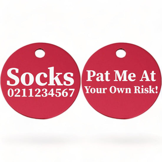 ⭐️Purr. Meow. Woof.⭐️ - Pat Me At Your Own Risk! | Round Aluminium | Cat & Kitten ID Pet Tag - DeepPink