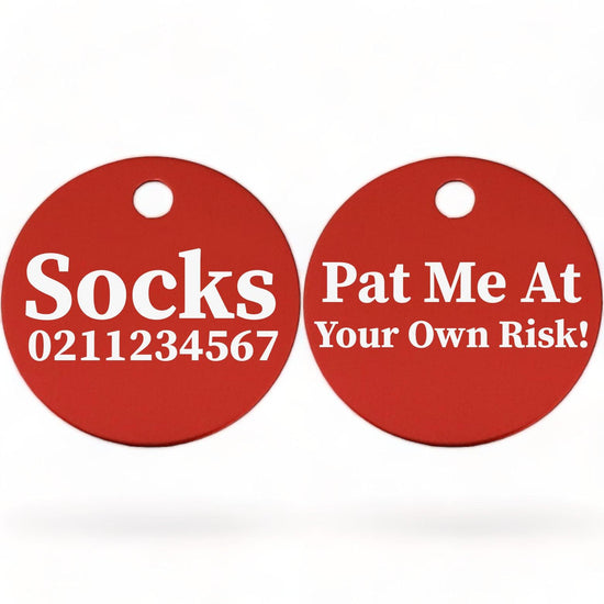 ⭐️Purr. Meow. Woof.⭐️ - Pat Me At Your Own Risk! | Round Aluminium | Cat & Kitten ID Pet Tag - Firebrick