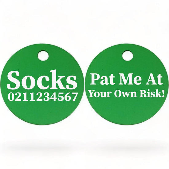 ⭐️Purr. Meow. Woof.⭐️ - Pat Me At Your Own Risk! | Round Aluminium | Cat & Kitten ID Pet Tag - MediumSpringGreen