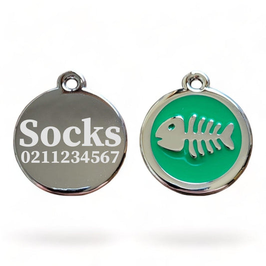 ⭐️Purr. Meow. Woof.⭐️ - Round Fish Cat & Dog ID Pet Tag - Green