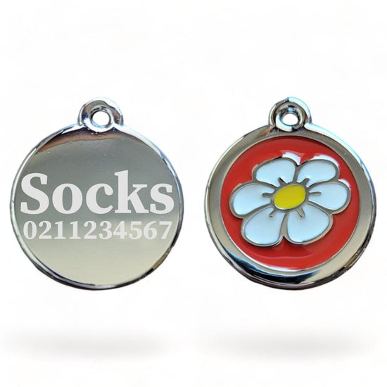 ⭐️Purr. Meow. Woof.⭐️ - Round Flower Cat & Dog ID Pet Tag - FireBrick