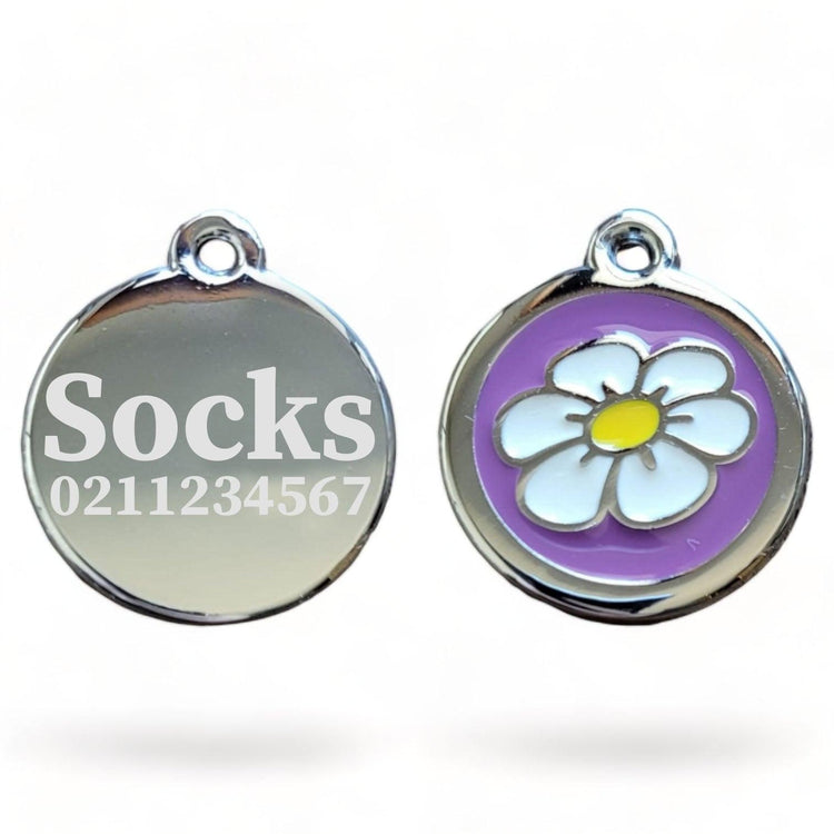 ⭐️Purr. Meow. Woof.⭐️ - Round Flower Cat & Dog ID Pet Tag - Purple