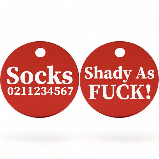 ⭐️Purr. Meow. Woof.⭐️ - Shady As Fuck! | Round Aluminium | Cat & Kitten ID Pet Tag - Firebrick
