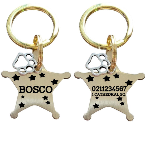 ⭐️Purr. Meow. Woof.⭐️ - Sheriff Name Front & 1 Number Address Back | Bespoke Brass | Dog ID Pet Tag - Default Title