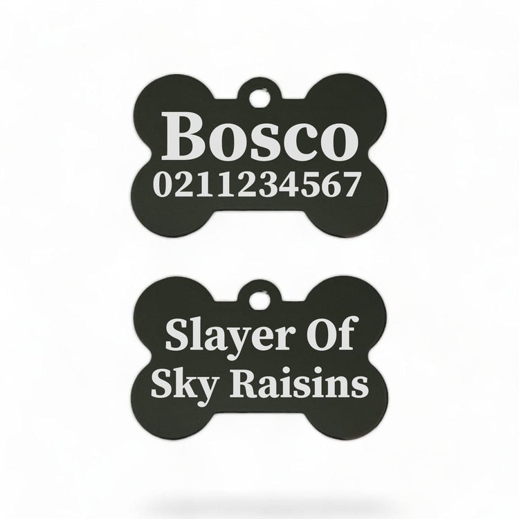 ⭐️Purr. Meow. Woof.⭐️ - Slayer Of Sky Raisins | Bone Aluminium | Dog ID Pet Tag - Black