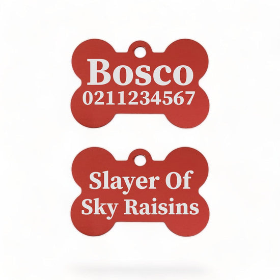 ⭐️Purr. Meow. Woof.⭐️ - Slayer Of Sky Raisins | Bone Aluminium | Dog ID Pet Tag - FireBrick