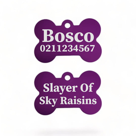 ⭐️Purr. Meow. Woof.⭐️ - Slayer Of Sky Raisins | Bone Aluminium | Dog ID Pet Tag - Purple