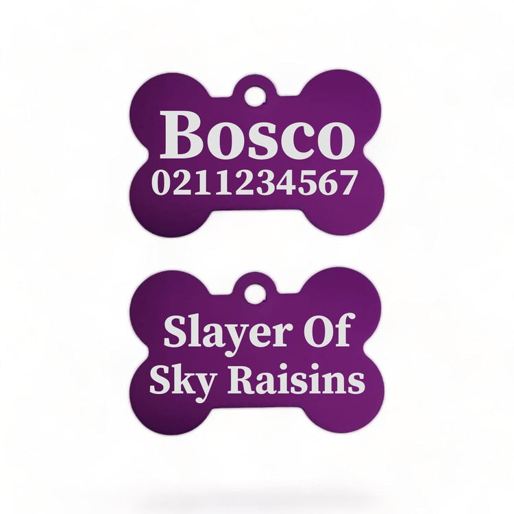 ⭐️Purr. Meow. Woof.⭐️ - Slayer Of Sky Raisins | Bone Aluminium | Dog ID Pet Tag - Purple