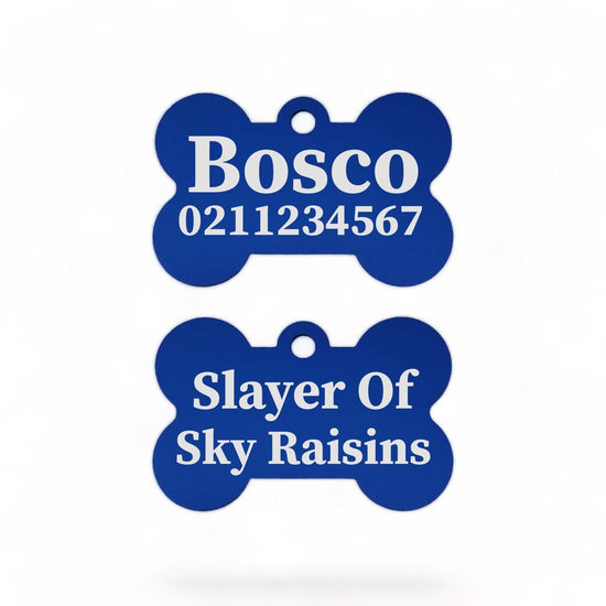 ⭐️Purr. Meow. Woof.⭐️ - Slayer Of Sky Raisins | Bone Aluminium | Dog ID Pet Tag - RoyalBlue