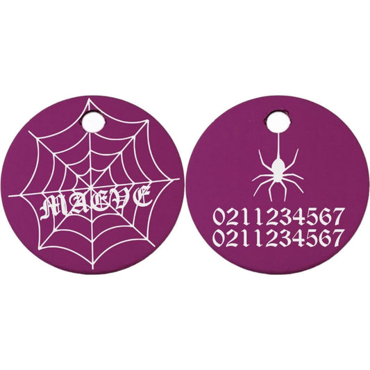 ⭐️Purr. Meow. Woof.⭐️ - Spiders Web Round Aluminum Cat & Dog ID Pet Tag - Purple / Small (Cat)