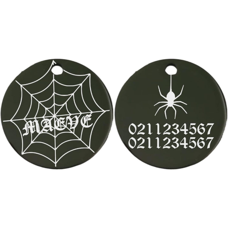 ⭐️Purr. Meow. Woof.⭐️ - Spiders Web Round | Mirror Stainless | Cat & Dog ID Pet Tag - Black / Small (Cat)