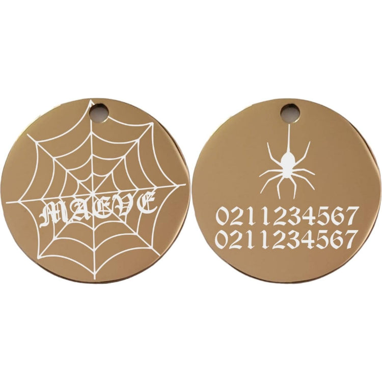 ⭐️Purr. Meow. Woof.⭐️ - Spiders Web Round | Mirror Stainless | Cat & Dog ID Pet Tag - BurlyWood / Small (Cat)