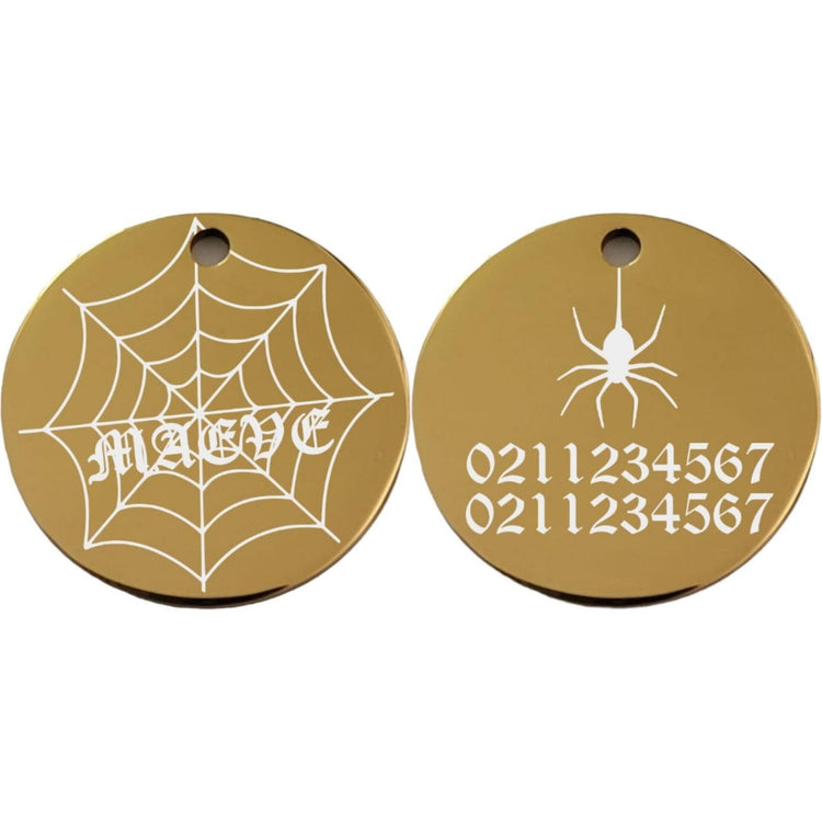 ⭐️Purr. Meow. Woof.⭐️ - Spiders Web Round | Mirror Stainless | Cat & Dog ID Pet Tag - Gold / Small (Cat)