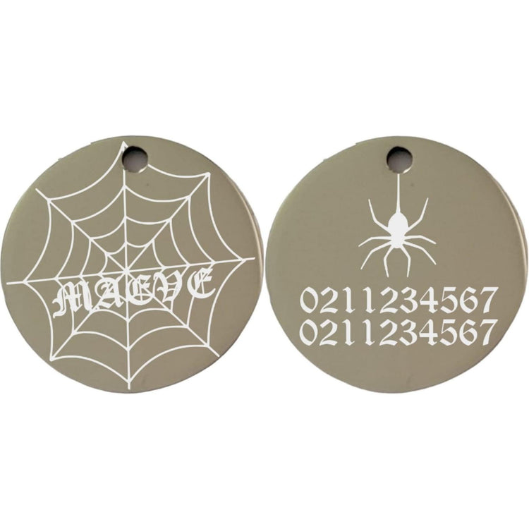 ⭐️Purr. Meow. Woof.⭐️ - Spiders Web Round | Mirror Stainless | Cat & Dog ID Pet Tag - Silver / Small (Cat)