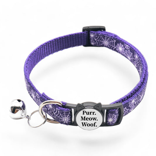 ⭐️Purr. Meow. Woof.⭐️ - Spooky Collection Breakaway Safety Cat & Kitten Collar - Purple Spider Web / Cat