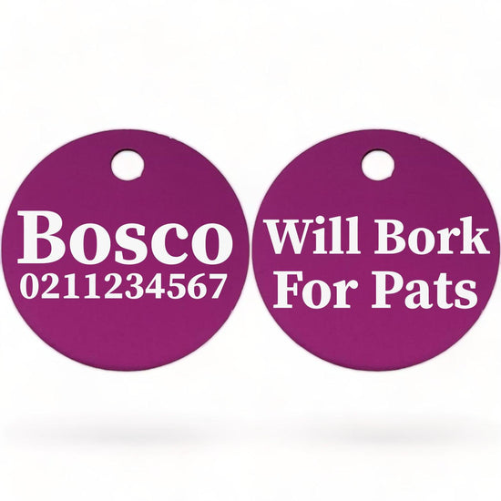 ⭐️Purr. Meow. Woof.⭐️ - Will Bork For Pats | Round Aluminium | Dog ID Pet Tag - Purple