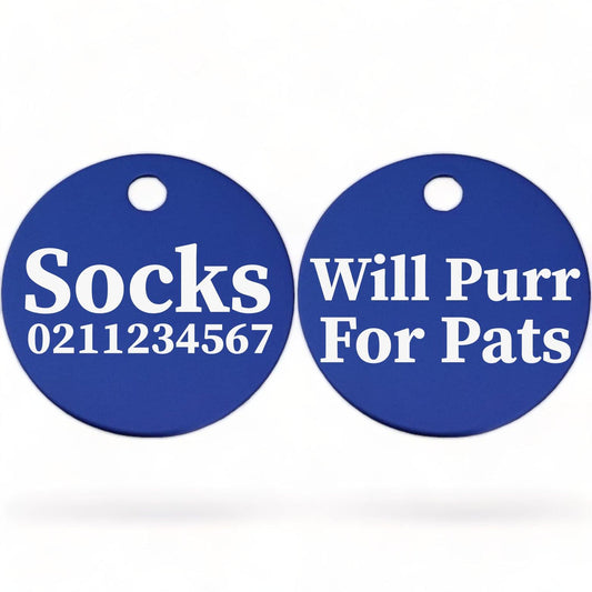 ⭐️Purr. Meow. Woof.⭐️ - Will Purr For Pats | Round Aluminium | Cat & Kitten ID Pet Tag - RoyalBlue