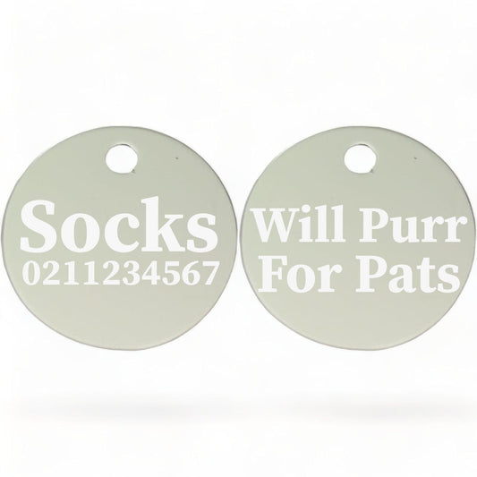 ⭐️Purr. Meow. Woof.⭐️ - Will Purr For Pats | Round Aluminium | Cat & Kitten ID Pet Tag - Silver