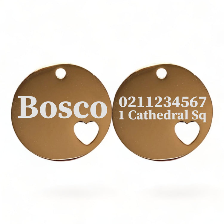 Name Front & 1 Number Address Back Round Heart | Mirror Stainless | Cat & Dog ID Pet Tag
