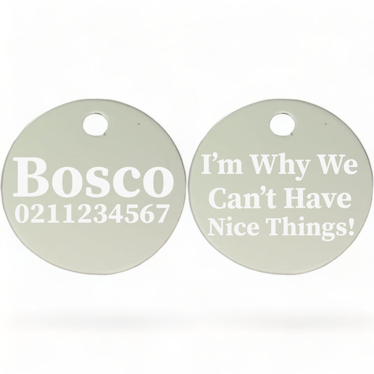 I'm Why We Can't Have Nice Things Round Dog ID Pet Tag