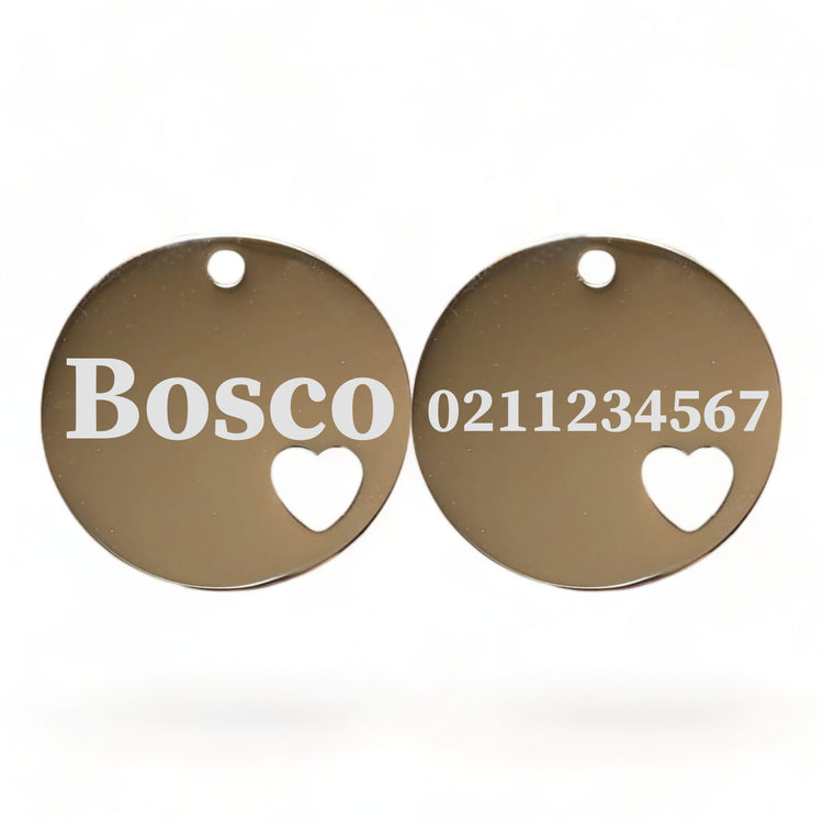 Name Front & Number Back Round Heart | Mirror Stainless | Cat & Dog ID Pet Tag